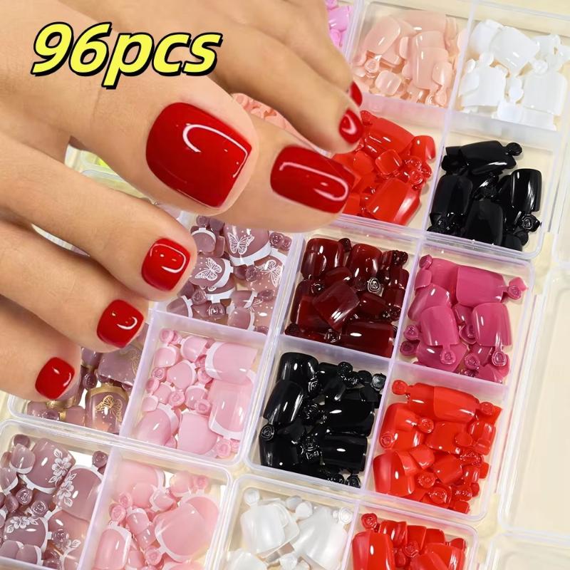 Full Cover Short Press On Toe Nails 96Pcs/Box Red High Saturation Fake Toe Nails for Home DIY Salon Foot Nail Decor