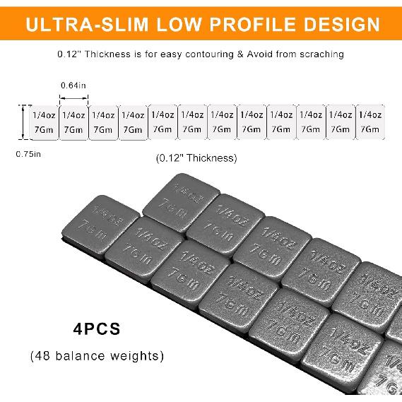 48 PCS 1/4 Oz Adhesive Backed Wheel Weights, 0.25 Oz Stick on Tire Balancing Weights, Low Profile Easy to Peel Wheel Balancing Weights for Cars