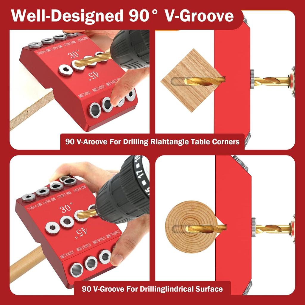 Multi Angle Drill Guide Jig 30 45 90 Degree with 4 Drill Bits Portable Drill Guide for Angled Holes and Straight Hole All Metal Jig for Stairs