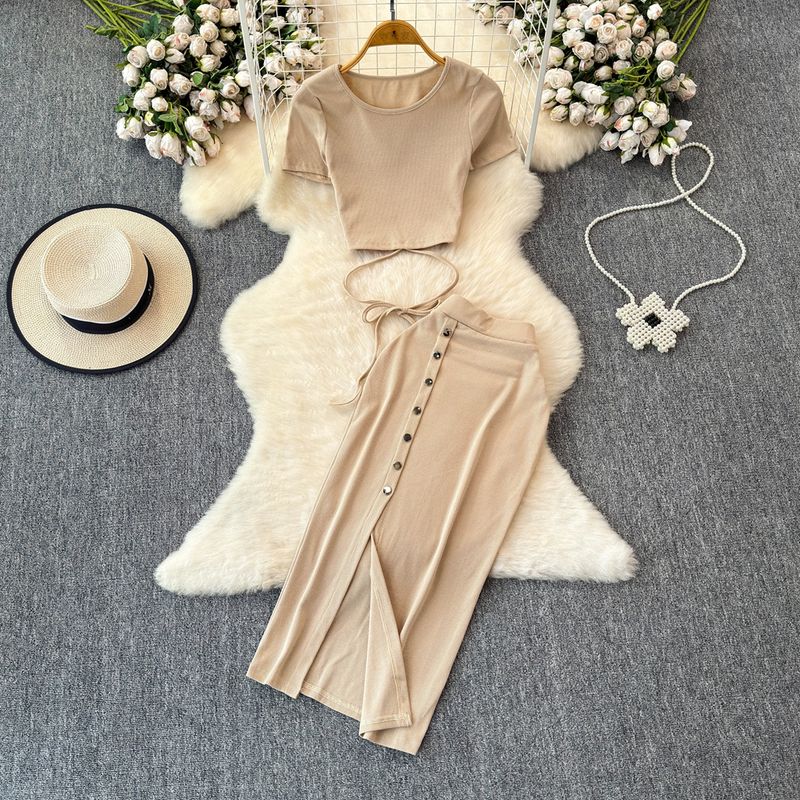 

Fashion Ins Sexy Lace-up Slimming round Neck Two-piece Set Summer High Waist Breasted Silm Sheath Split Skirt Khaki One size