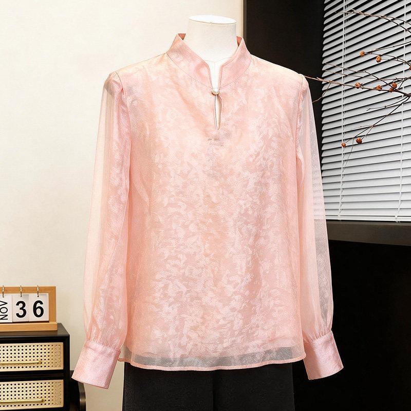 

Women s Spring/Summer Chiffon Stand Collar Shirt - Loose Fit, Long Sleeve, Gentle Chinese Style XL (Recommended below 110 jin)