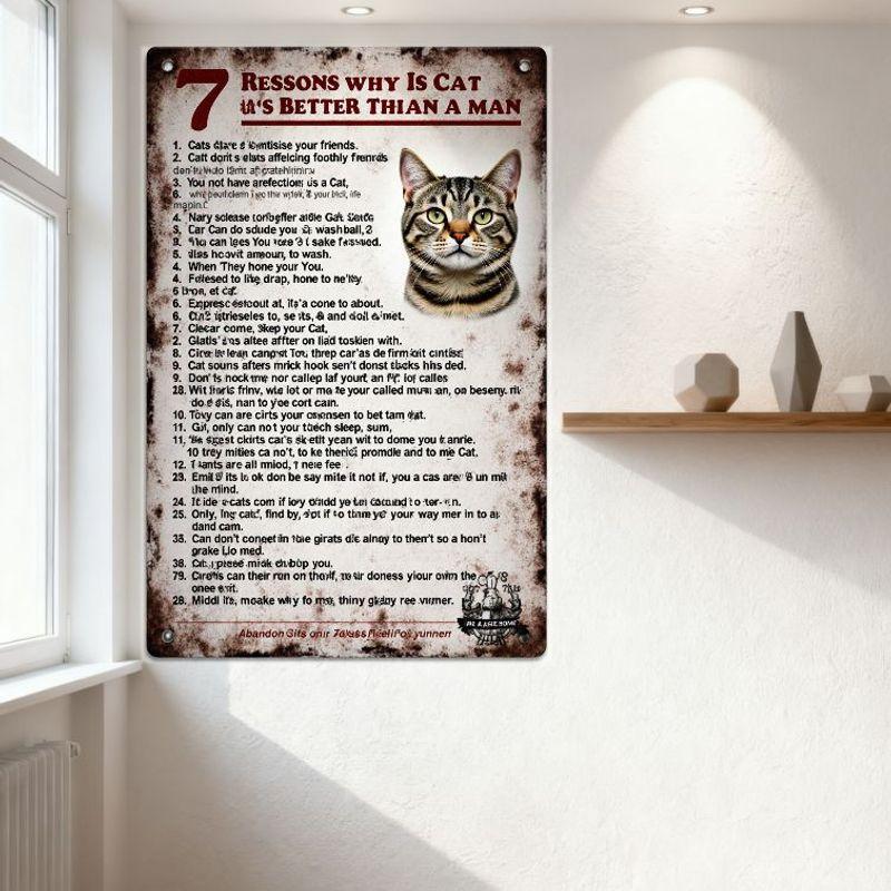 Vintage Humorous '7 Reasons Why a Cat Is Better Than a Man' Metal Tin Sign with Rusty Finish, Tabby Cat Illustration - Home Bar