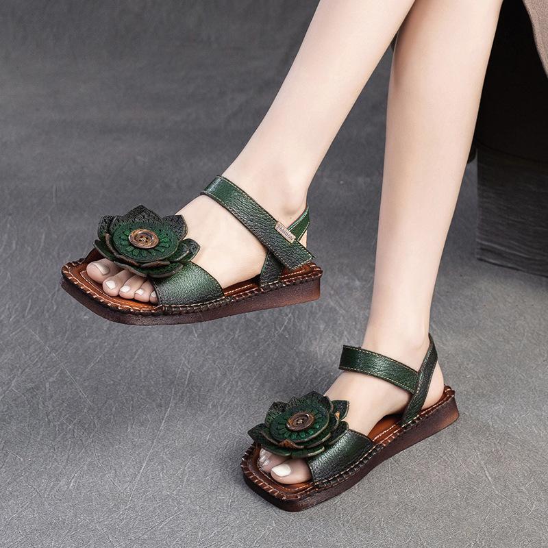 Fashion GKTINOO 2025 New Fashion Round Toe Hollow Genuine Leather Sandals Roman Shoes Breathable Sandals Flat Flower Women Sandals