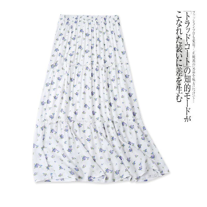 

Print Rayon Skirt Summer New Foreign Trade Women Fashion Age Reduction Elastic Waist Pleat Patchwork Long dress 31593 Rice white bottom flower B- 18-28-5 L
