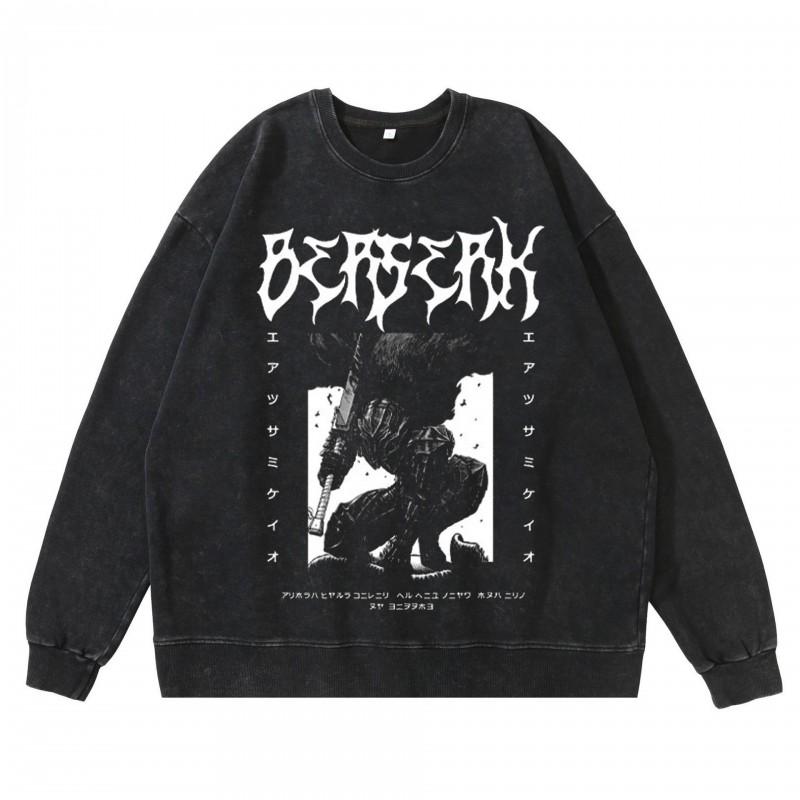 Schwergewicht 360g Gewaschener Vintage Berserk Anime Streetwear Baumwolle Pullover Hoodie Herren
