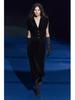 European & American Style Sleeveless Velvet Slimming Long Dress with Pleated Waist and Button Accents