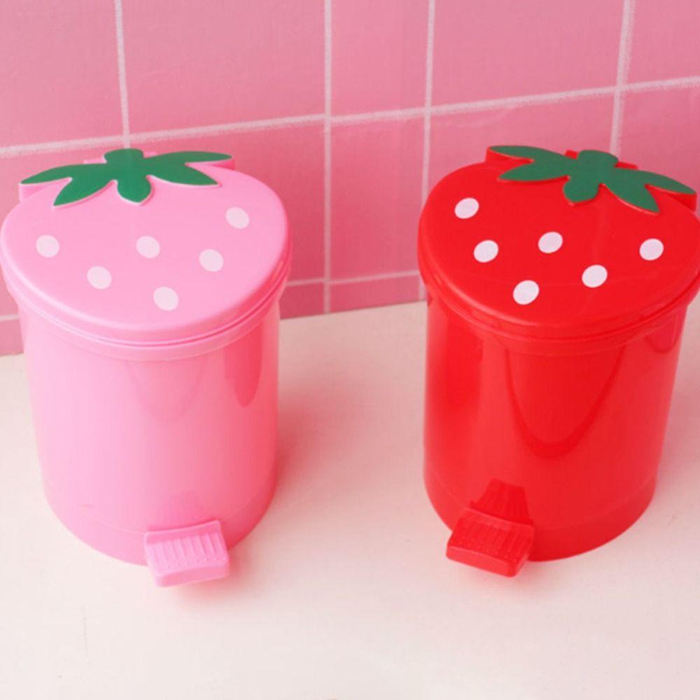 Pink Plastic Strawberry Decorative Garbage Container Home Supplies With Lid Washable Trash Basket Dustbin Wastebasket Trash Can