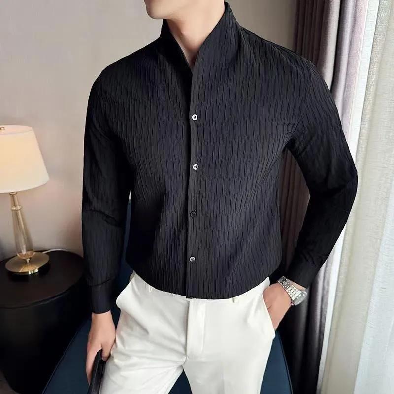 Herren Slim Fit Hemd mit Mandarin-Kragen, Langarm, Strukturierter Stoff, Lässiges Business-Hemd