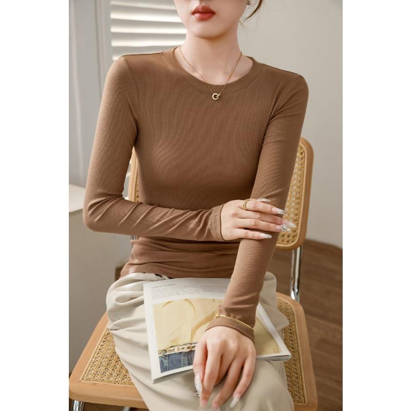 Women High Elastic Ribbed Crew Neck Long Sleeve Slim Fit Base T Shirt Top