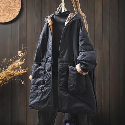 Women Vintage Hooded Parkas Button Coats Winter Long Sleeve Pockets Warm Arkas