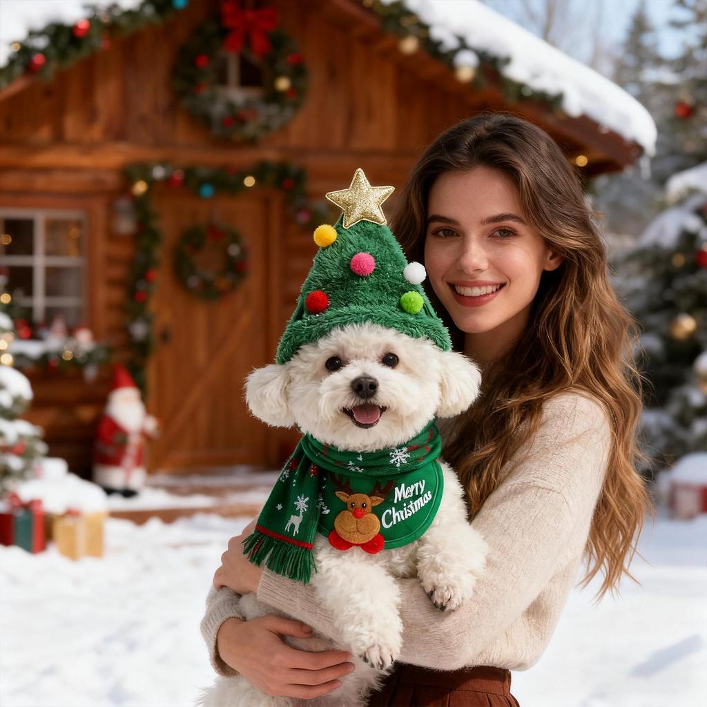 Dog Christmas Costume Festive Pet Hat And Bandana Christmas Puppy Costumes For Gathering Party Photoshoot Photo Props