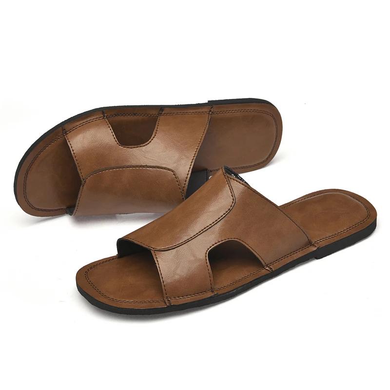 Fashion Fashion Men All-match Soft Bottom Sandals Solid Color Open Toe Genuine Leather Sandals2025New Slippers Beach Flat Designer Shoes