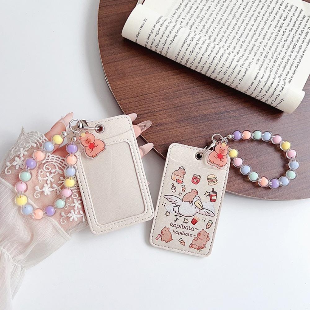 Cute Capybara Card Holder Leather Bag Pendant Student Meal Card Double Card Slot Bus Card Protective Cover Gift