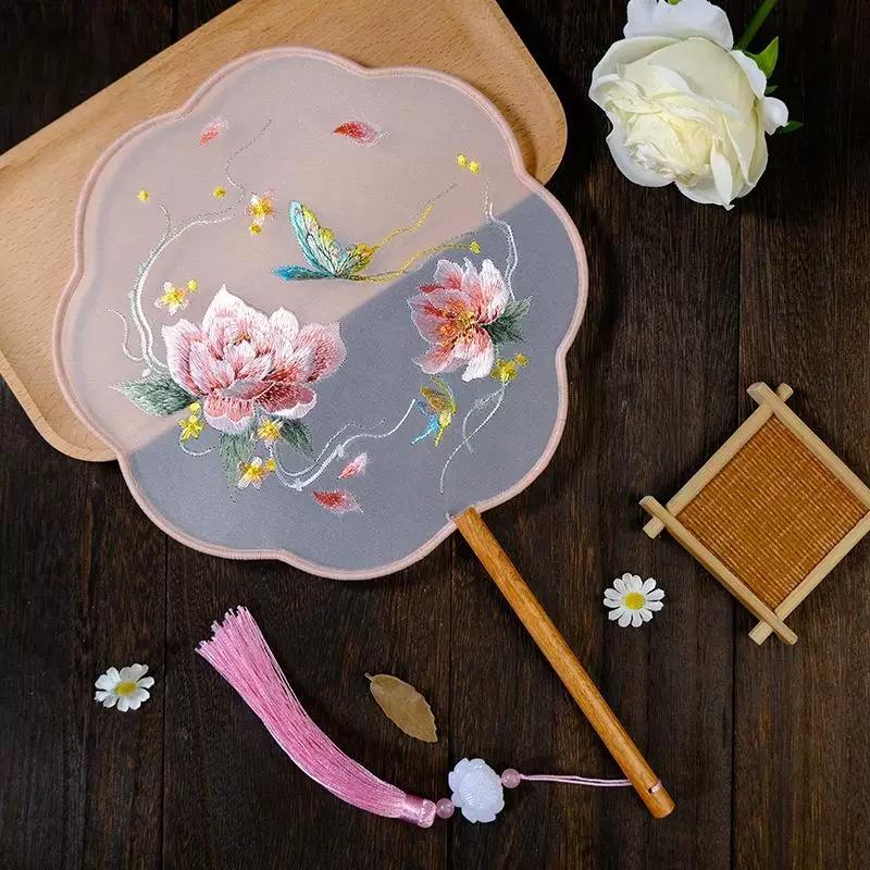 Ancient Style Round Fan, Chinese Style Suzhou Embroidery, Double-Sided Embroidery, Pink Fairy Fan, Embroidery Craft Fan, Dance Fan, Hanfu Round Fan