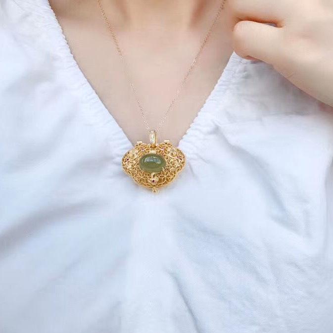 Natural Hetian Jasper Geometric Open Hollow Pendant Necklace Chinese Retro Light Luxury Charm Women'S  Jewelry