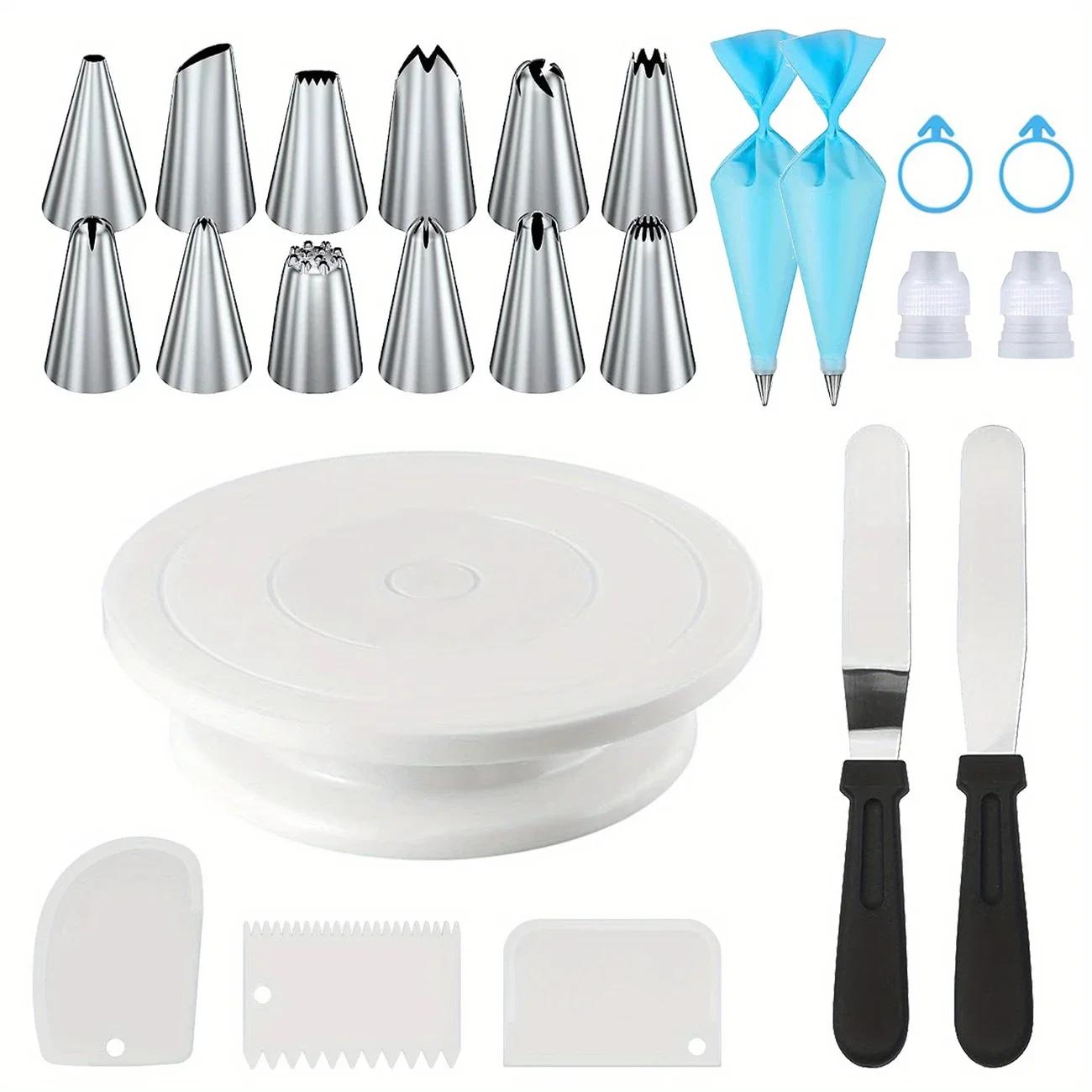 

24PCS Cake Decorating Set-Non-Slip Turntable with Piping Tips, Scrapers & Tools for Professional DIY Baking Tools Accessories