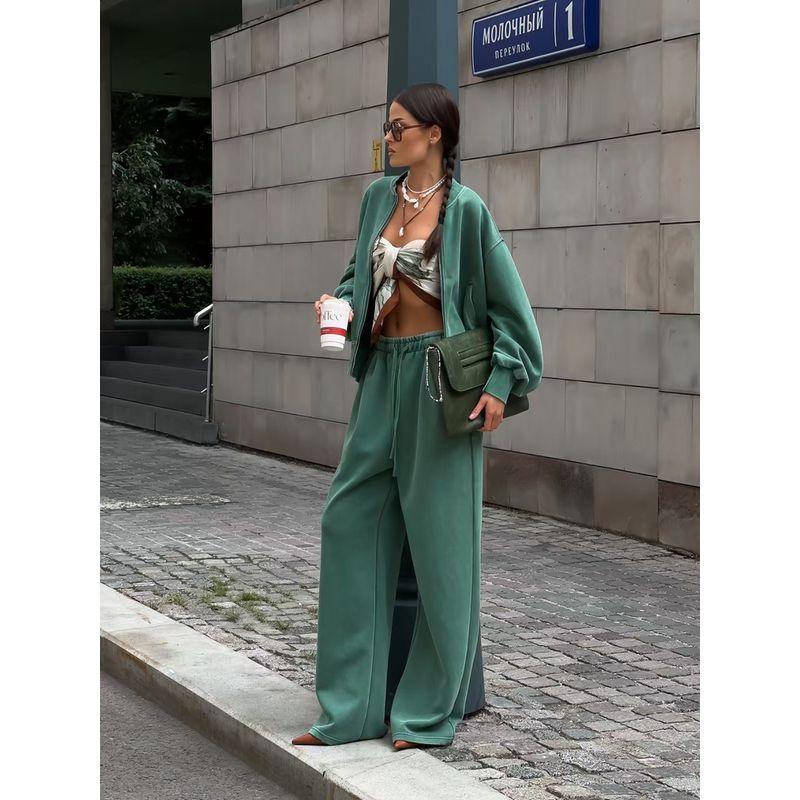 Fashion Wind Long-Sleeve Zipper Loose Sweater High Waist Straight Pants Suit Loose Top and Pants Set