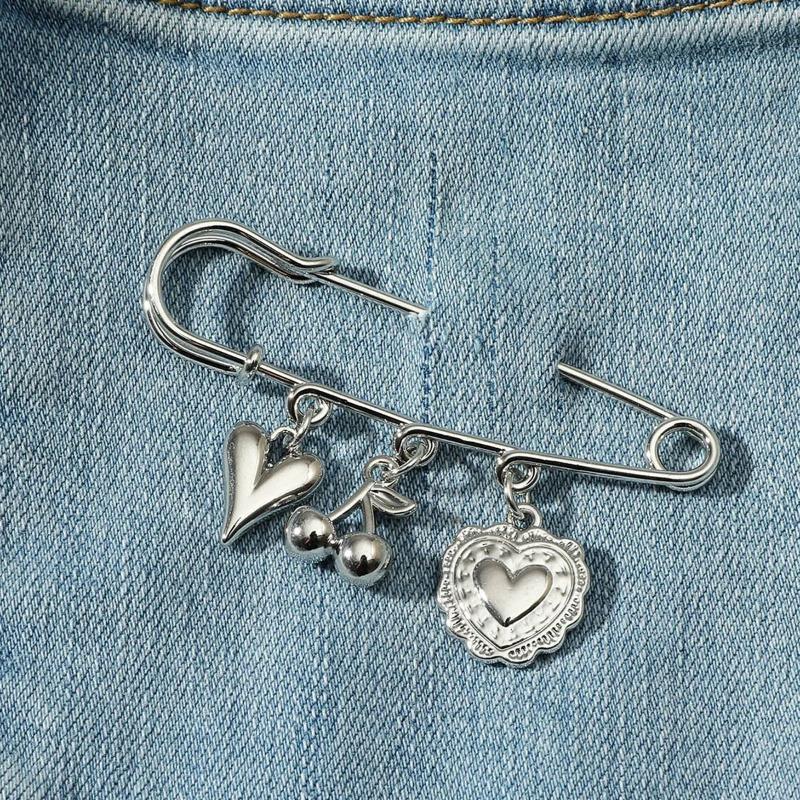 1Pc Korean Chic Silver Heart Cherry Charm Decorative Pins for Denim Jacket Suit Cute Fashionable Clothes Accessories for Women