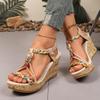 2026 Plus Size Women's Fashion Color Block Open-Toe Wedge Sandals with Woven Elastic Band