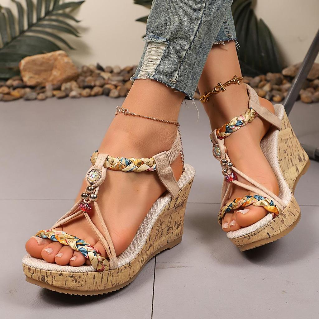 2026 Plus Size Women's Fashion Color Block Open-Toe Wedge Sandals with Woven Elastic Band
