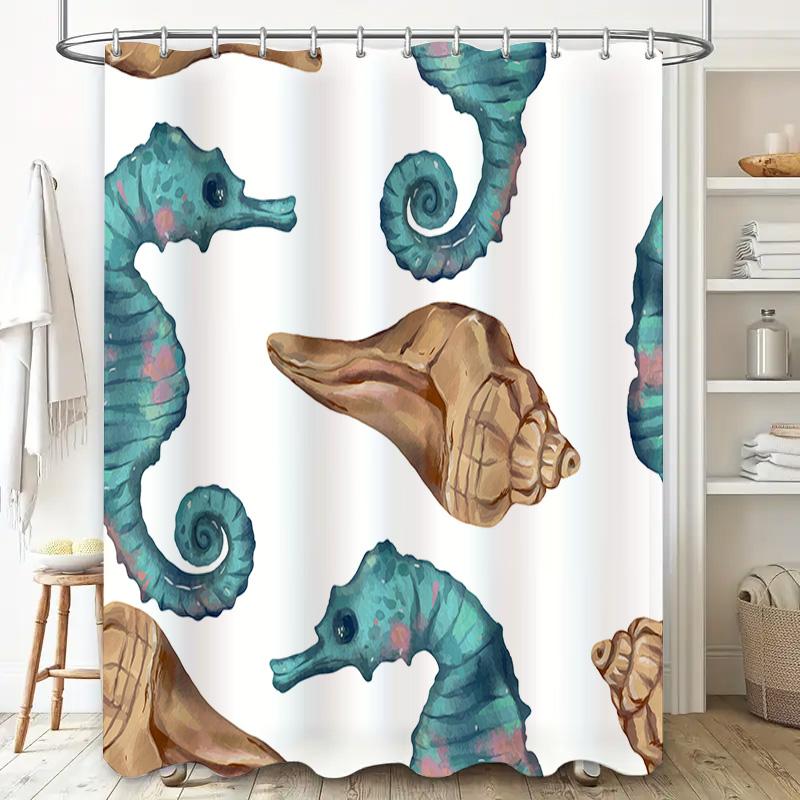 Seashell Seahorse Shower Curtain Waterproof Fabric Bath Decor Blue Green Print Home Decorative Washcloth White Background Patter