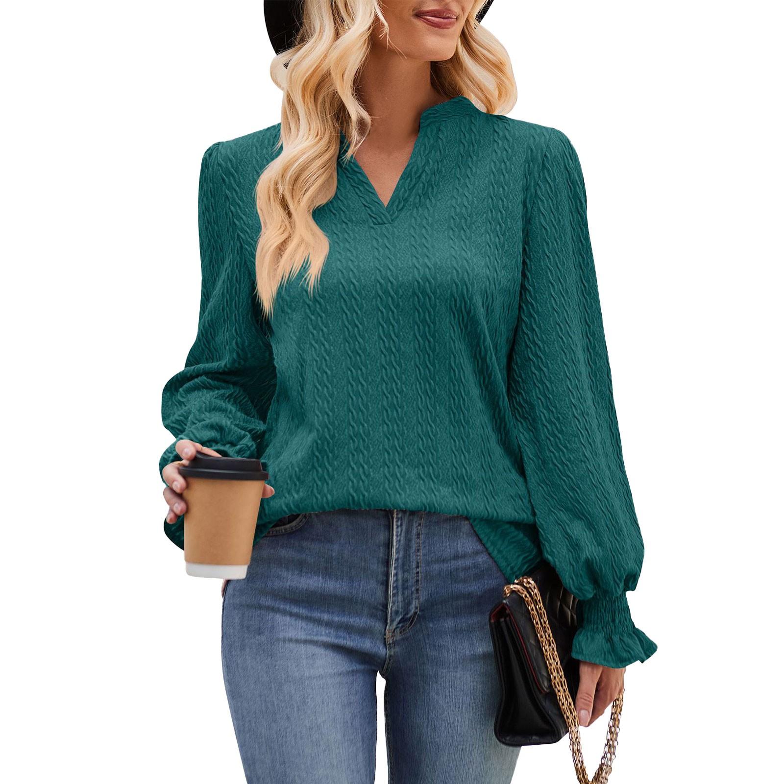 

Women s Fashion Solid Color Knit Printed Long Sleeve T-Shirt Floral V-Neck Top M