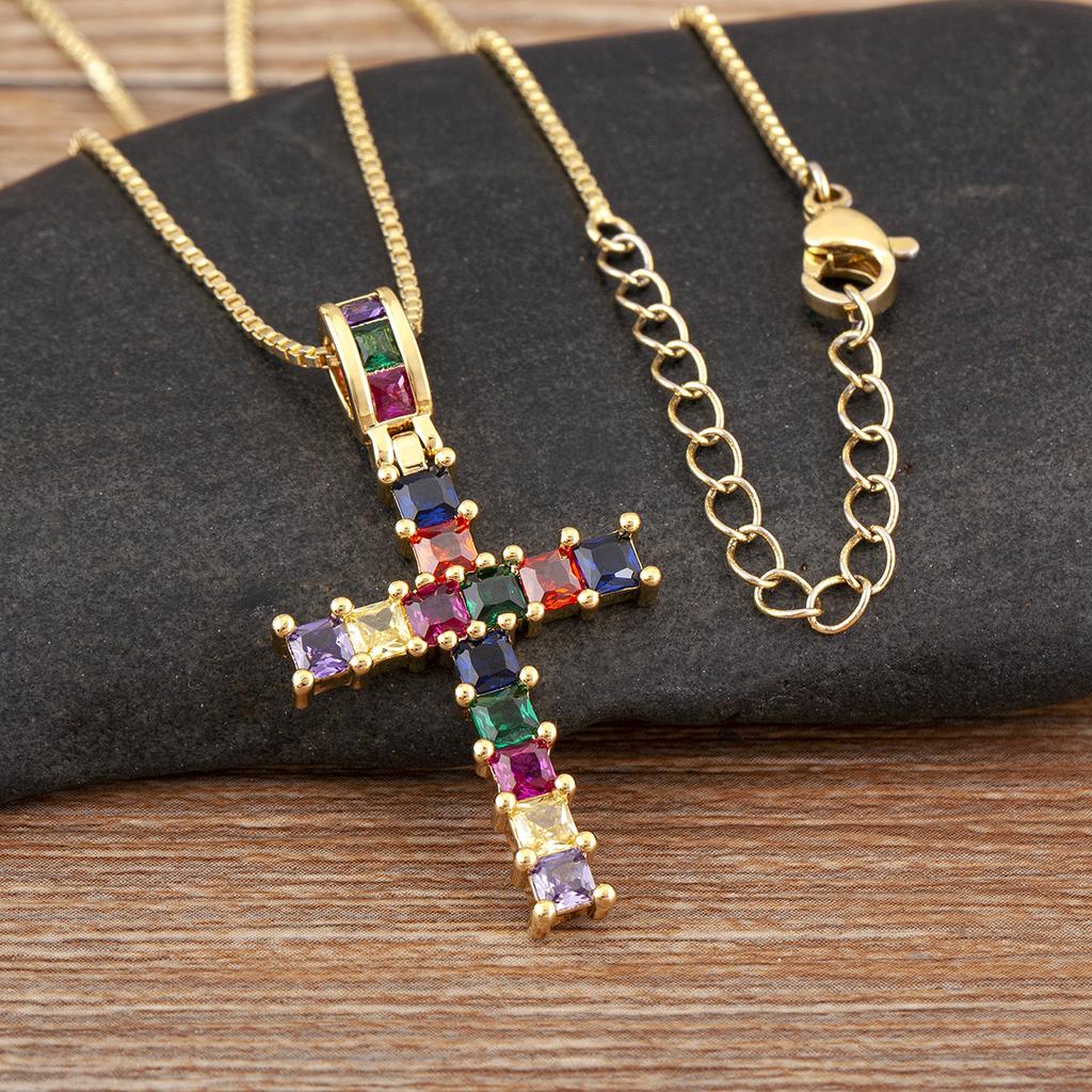 Nidin Hot Sale Square Shape Zircon Jesus Cross Pendant Necklace For Female Male Daily Party Charm Jewelry Wholesale Accessories