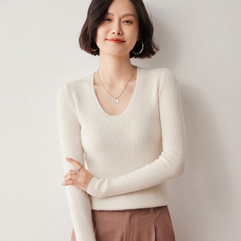Women's U-neck Slim Fit Cashmere Sweater - Ribbed, Solid Color, Elegant & Versatile Wool Base Layer.