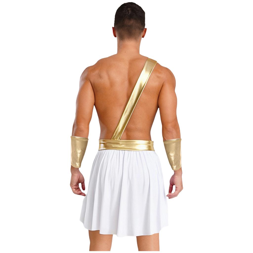 Mens Love God Costume Elastic Waist Contrast Color Heart Design Asymmetrical Skirt Metallic Sash Cuffs Set