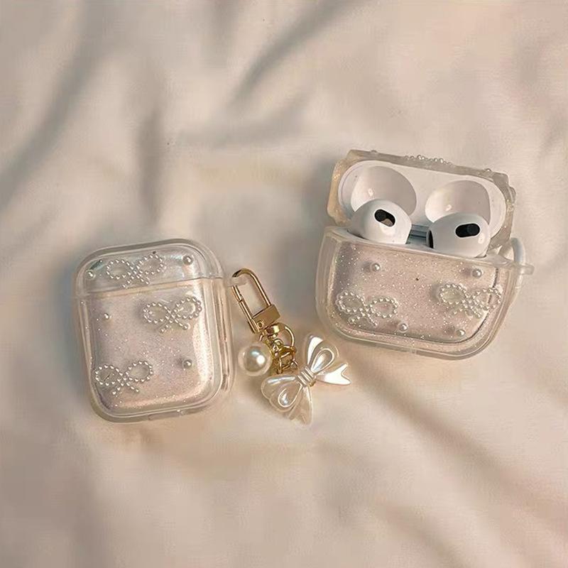 Applicable Apple Bluetooth Headset Cover Airpods4 Protective Case Airpodspro3 Pendant Glitter Pearl Bow Tie