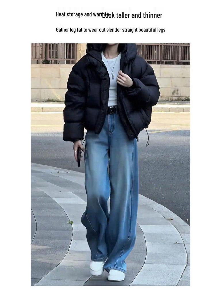 Women's High-Waist Light Blue Denim Wide-Leg Pants with Plus Velvet, Curved Leg, Perfect for Autumn/Winter 2025.
