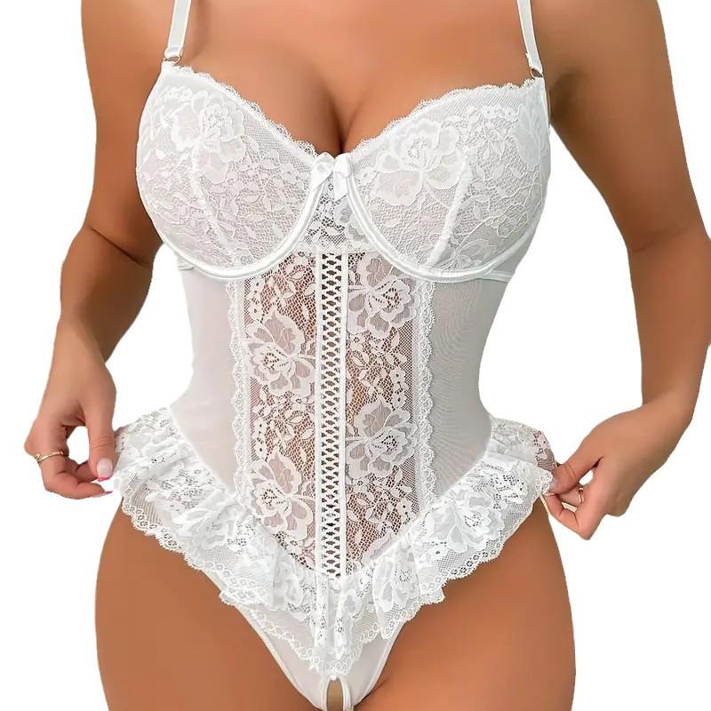 "Sexy Lace Floral Deep V Backless Crotchless Teddy Lingerie"