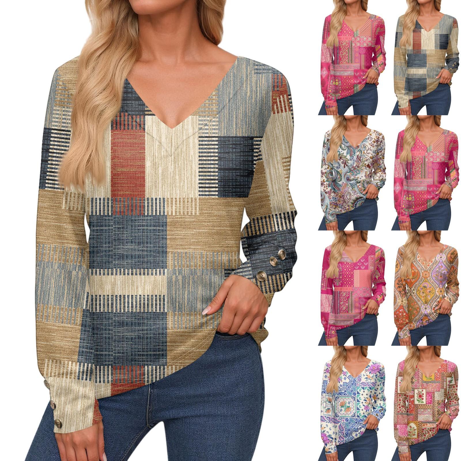 

Women s Tops Long Sleeve Cuffs Button-Up Shirt V-Neck Casual Loose Tee Floral Tops XXL