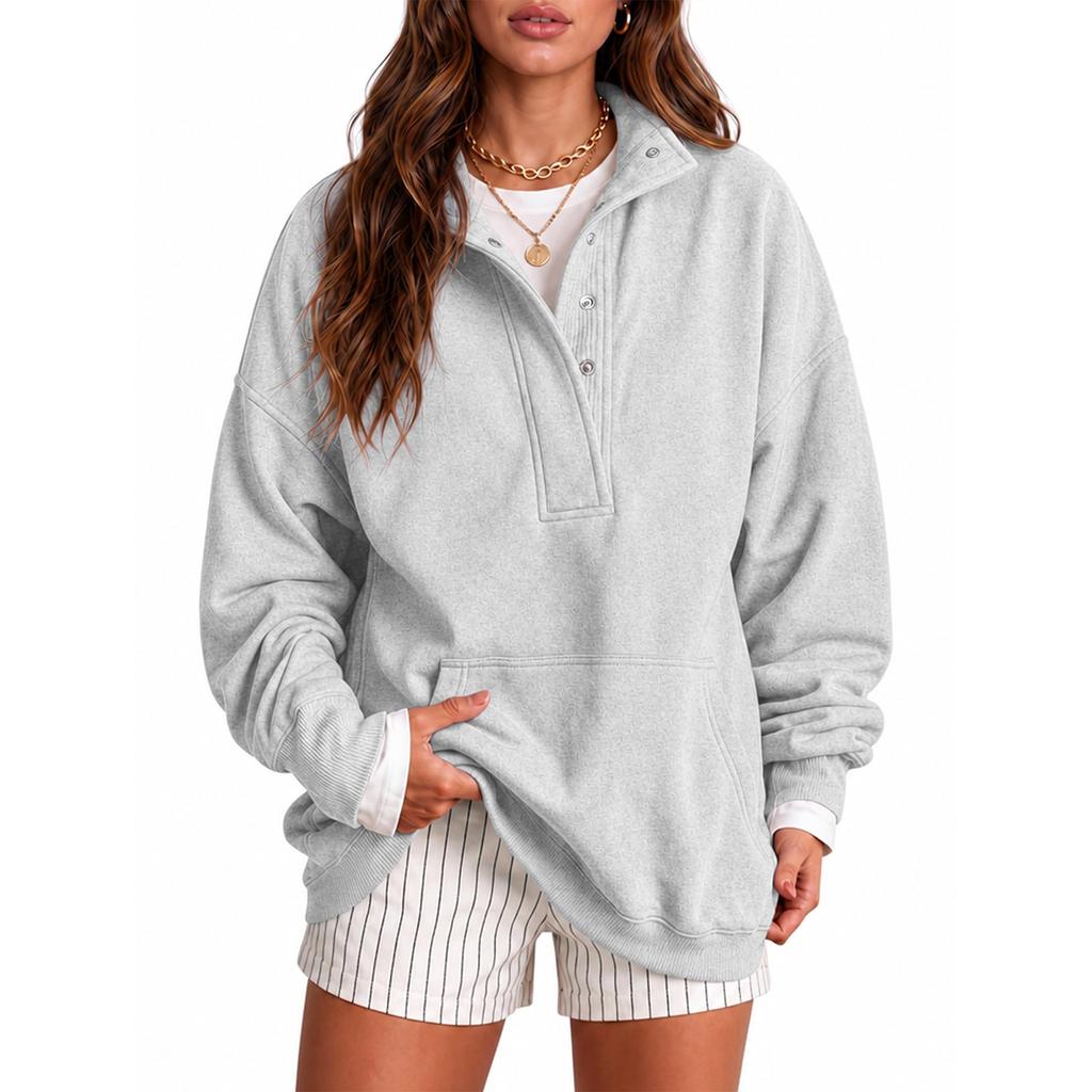 Women's Loose Fit Sweatshirt Button Pullover with Pockets