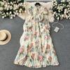 Women Fashion Vintage Elegant Stand Neck High Waist Slim A-line Print Ruffle Edge Chiffon Dress Spring Party Vacation Pleat robe