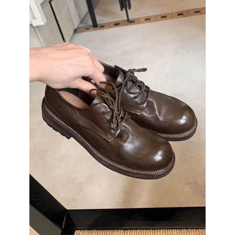 Washed Horse Leather~ Genuine Leather Retro British Lace-up Small Leather Shoes Women's Autumn and Winter New Derby Thick Heel Single Shoes