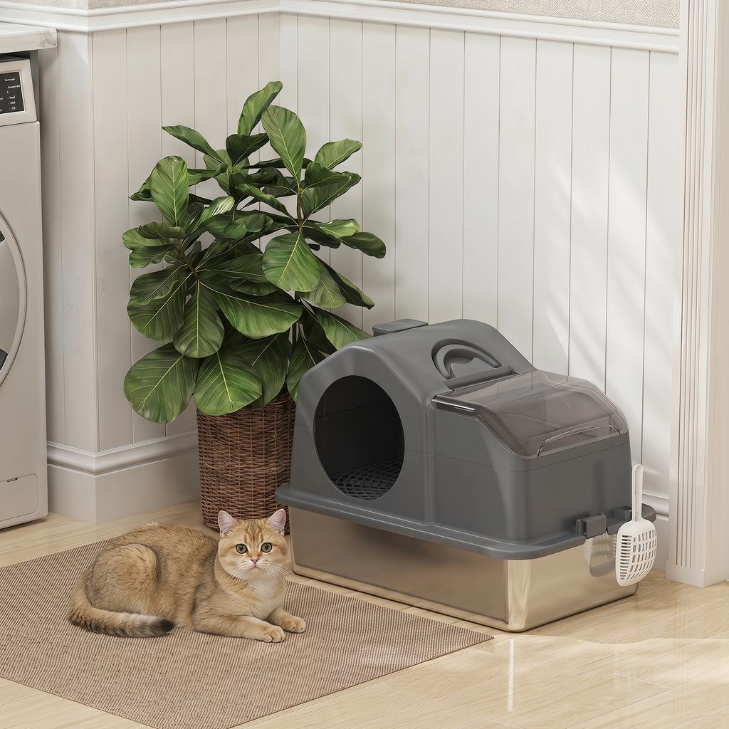 Cat Litter Box, Removable Enclosed Lid, High Sides, 60.5 x 40.5 x 45 cm, Dark Grey