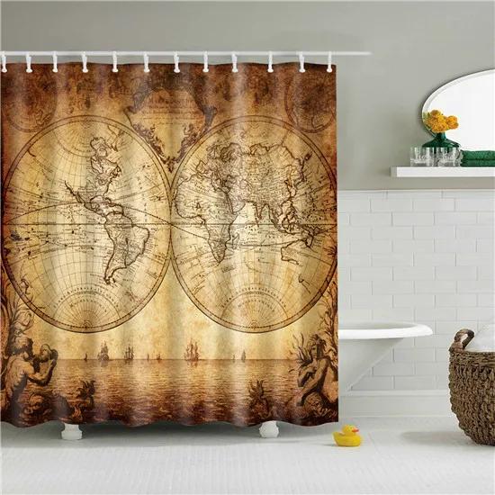 Vintage Style Map Anchor Cowboy Printed Shower Curtains With 12 Hooks Waterproof Polyester Decorative Bathroom Curtains