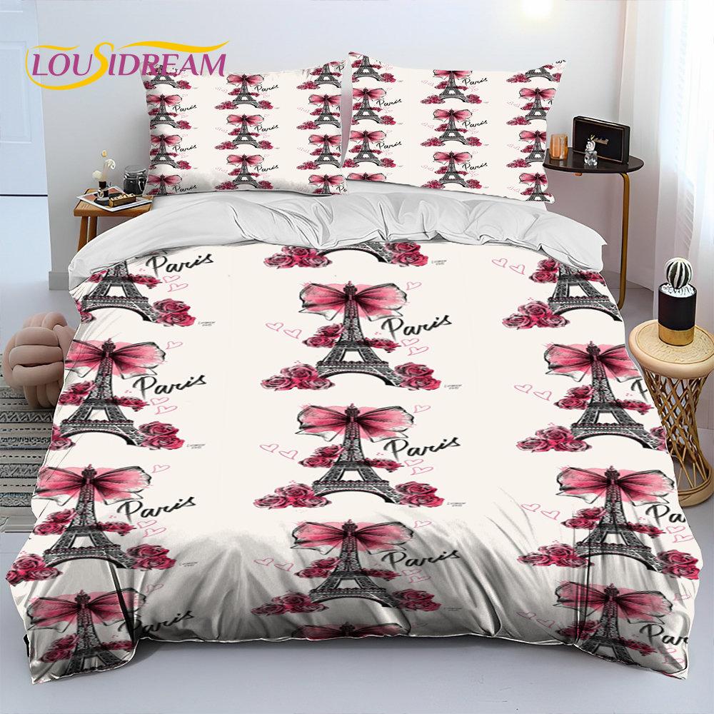 France Paris Eiffel Tower Comforter Bedding Set,Duvet Cover Bed Set Quilt Cover Pillowcase,King Queen Size Bedding Set Kid Adult
