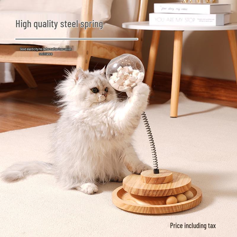Solid Wood Rotating Catnip Ball and Teaser Wand Set - Cat Food Dispenser & Toy