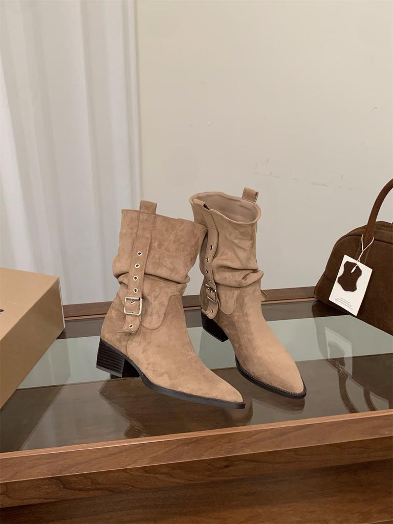 High Heel Pointed Skinny Suede Martin Boots Women's Boots 2025 Autumn and Winter Western Cowboy Medium Boots Pile Boots Short Boots