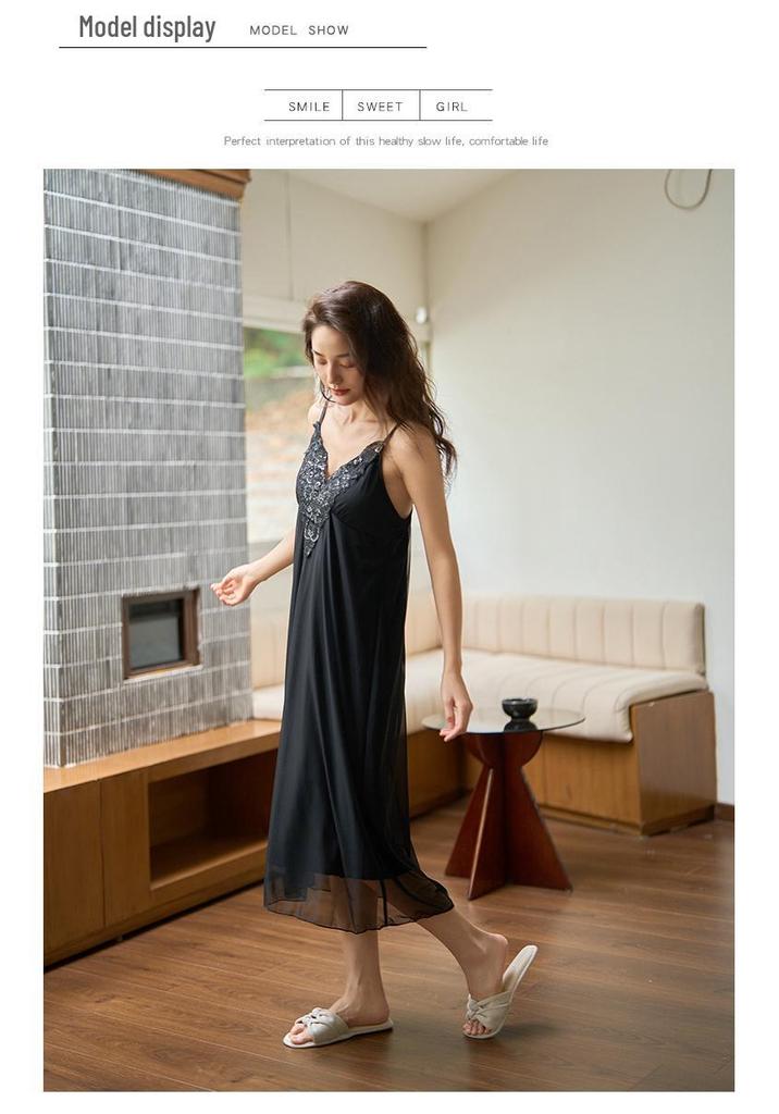 Women's Summer Lace Camisole Pajama Dress with Chest Pads - French Fairy Style