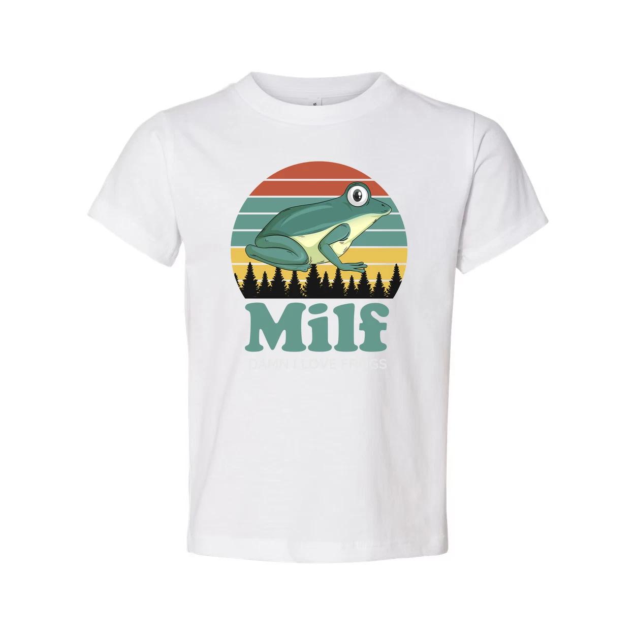 

Humorous Frog Graphic T Shirt With Retro Sunset Stripes And Milf Text For Nature S