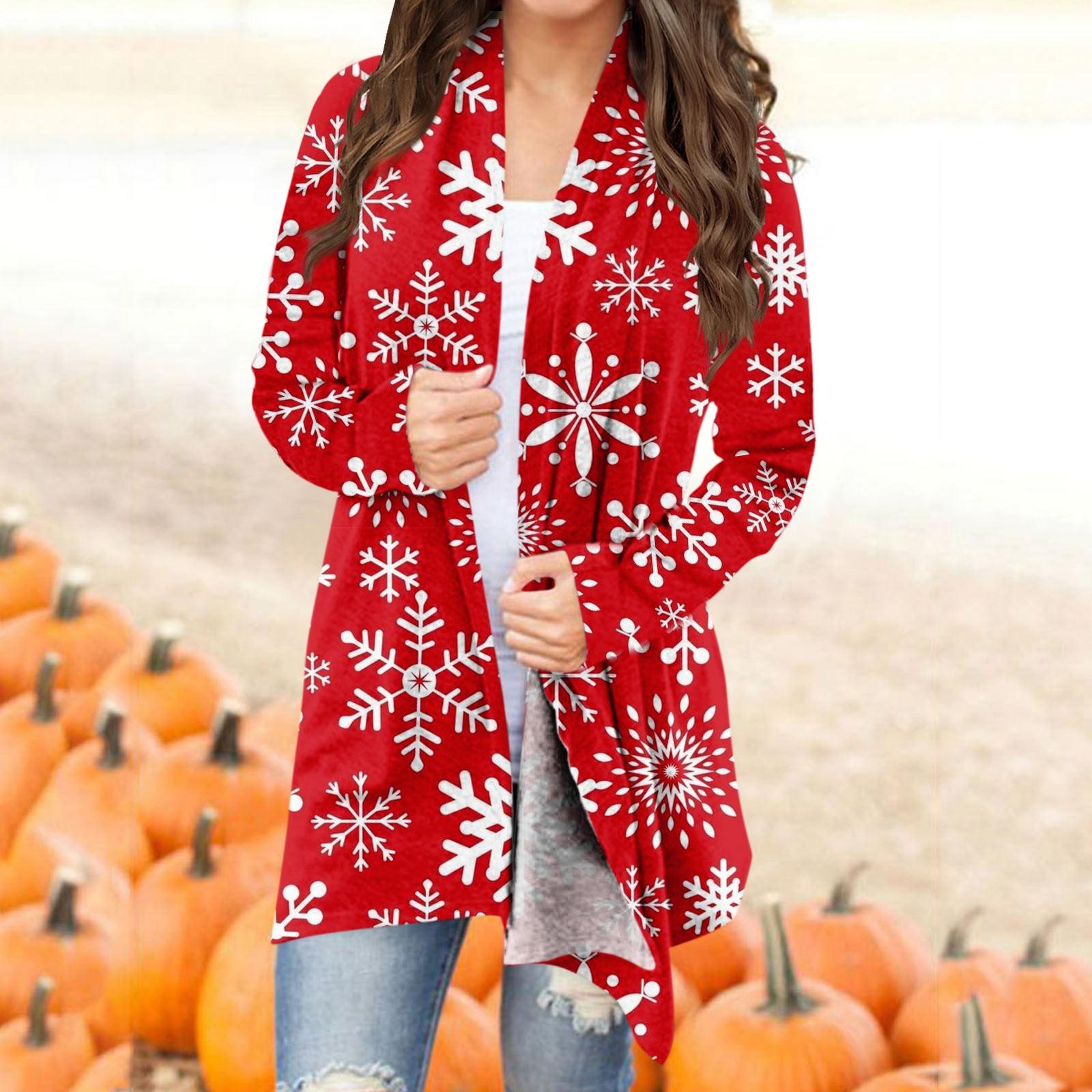 

Женская модная рождественская куртка с принтом, повседневный кардиган с длинным рукавом, пальто XL красный