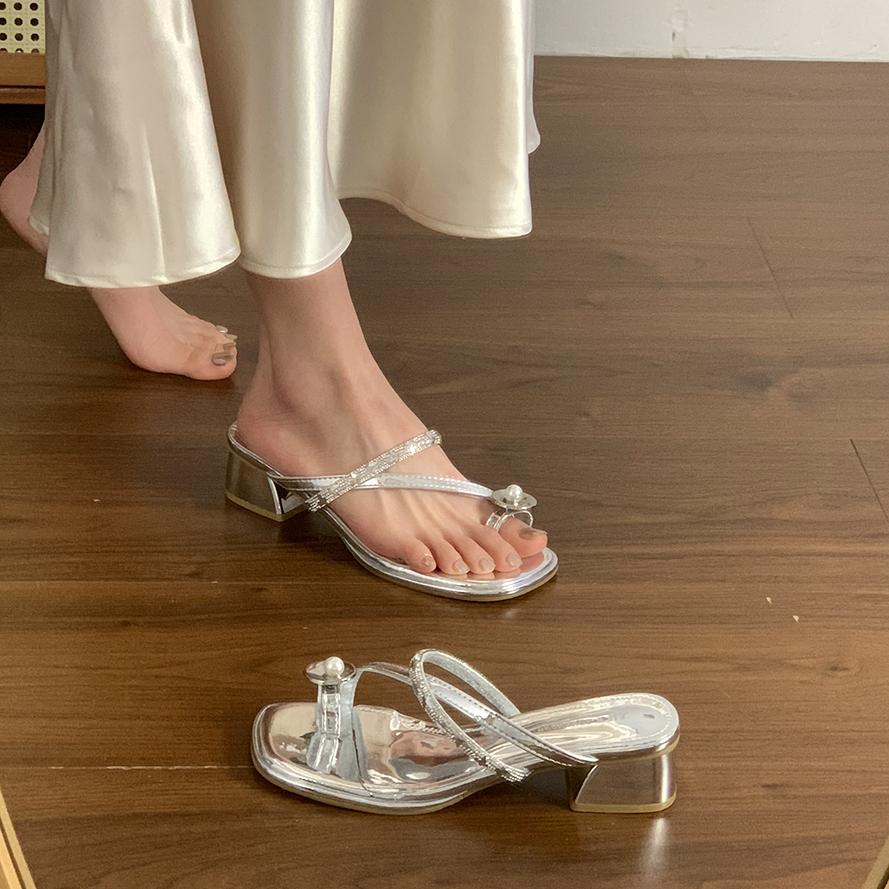 Fashion Shoes Slippers Women Summer Glitter Slides Fashion Square Heel Pantofle Jelly Luxury Block 2025 Crystal Shoes Woman 2025 Slipper