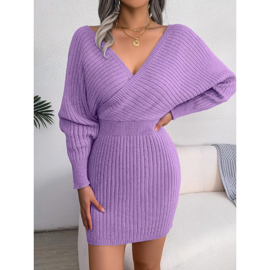Autumn and Winter, Sexy Cross V-neck, Bat Sleeves, Hip Hugging Skirt, Dress, Woolen Dress, Women's Clothing