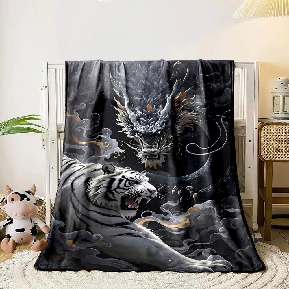 A fierce white tiger confronts a mystical black dragon amid swirling smoke. for all seasons blanket lunch break throw gift 80cm x 120cm