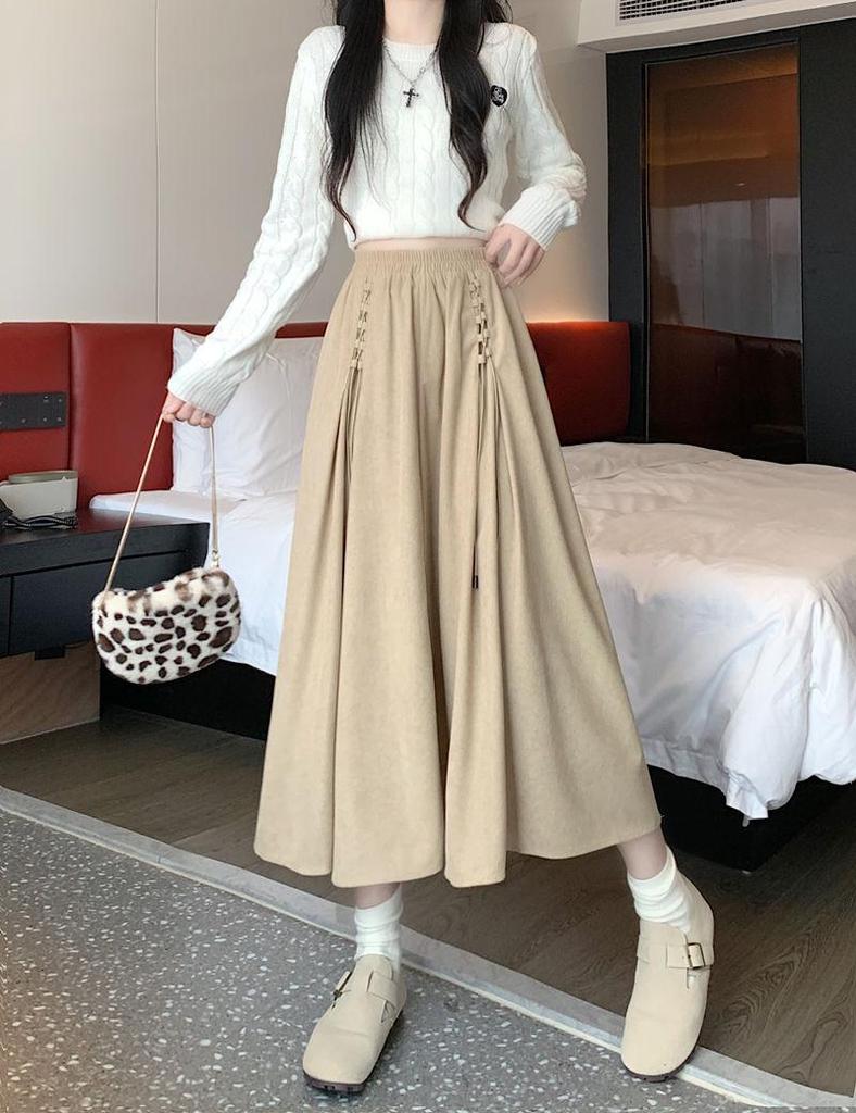 Women's High-Waist Corduroy A-Line Midi Skirt - Spring & Autumn 2025, Coffee Color