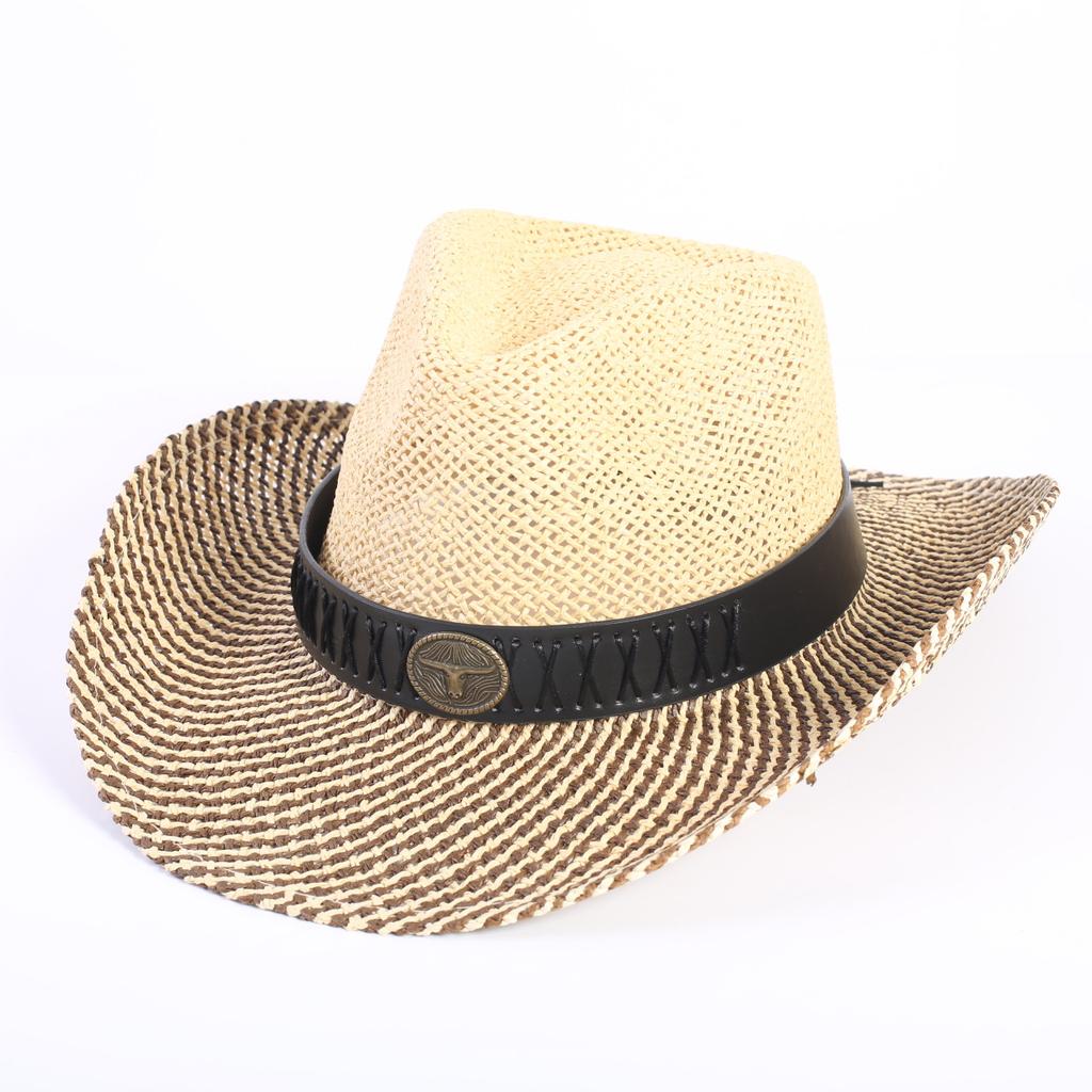 Popular Hollow Breathable Western Cowboy Straw Hat Men's and Women's Summer Sunshade Sunscreen Wide-brimmed Beach Hat