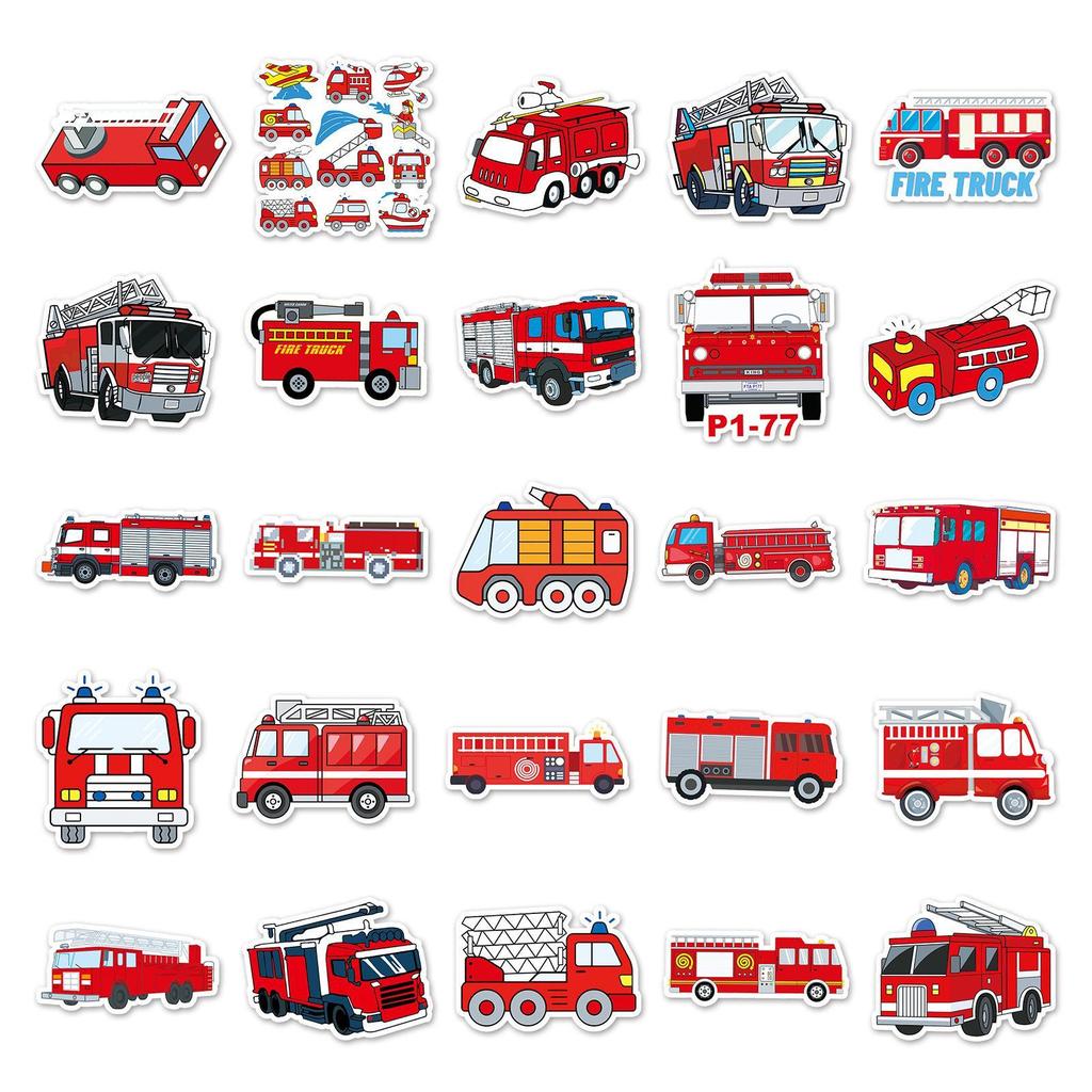 50pcs Waterproof Fire Truck Stickers for Suitcases, Scooters, Laptops & Tablets - Cartoon Decoration